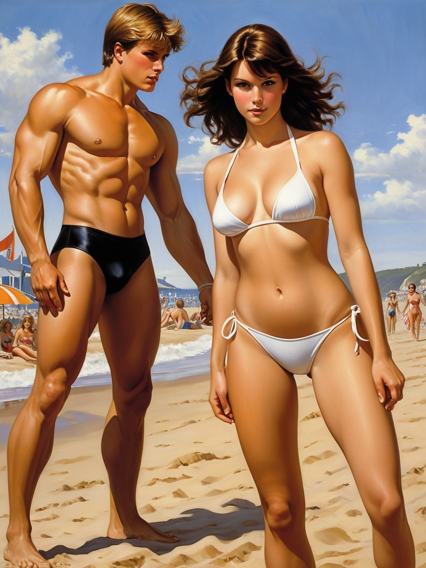 Vibrant Beach Scene with Young Couple and Ocean Waves