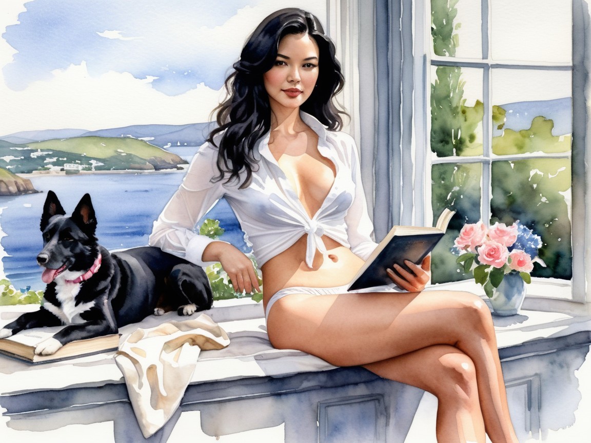 Woman Reading on Windowsill with Dog and Flowers