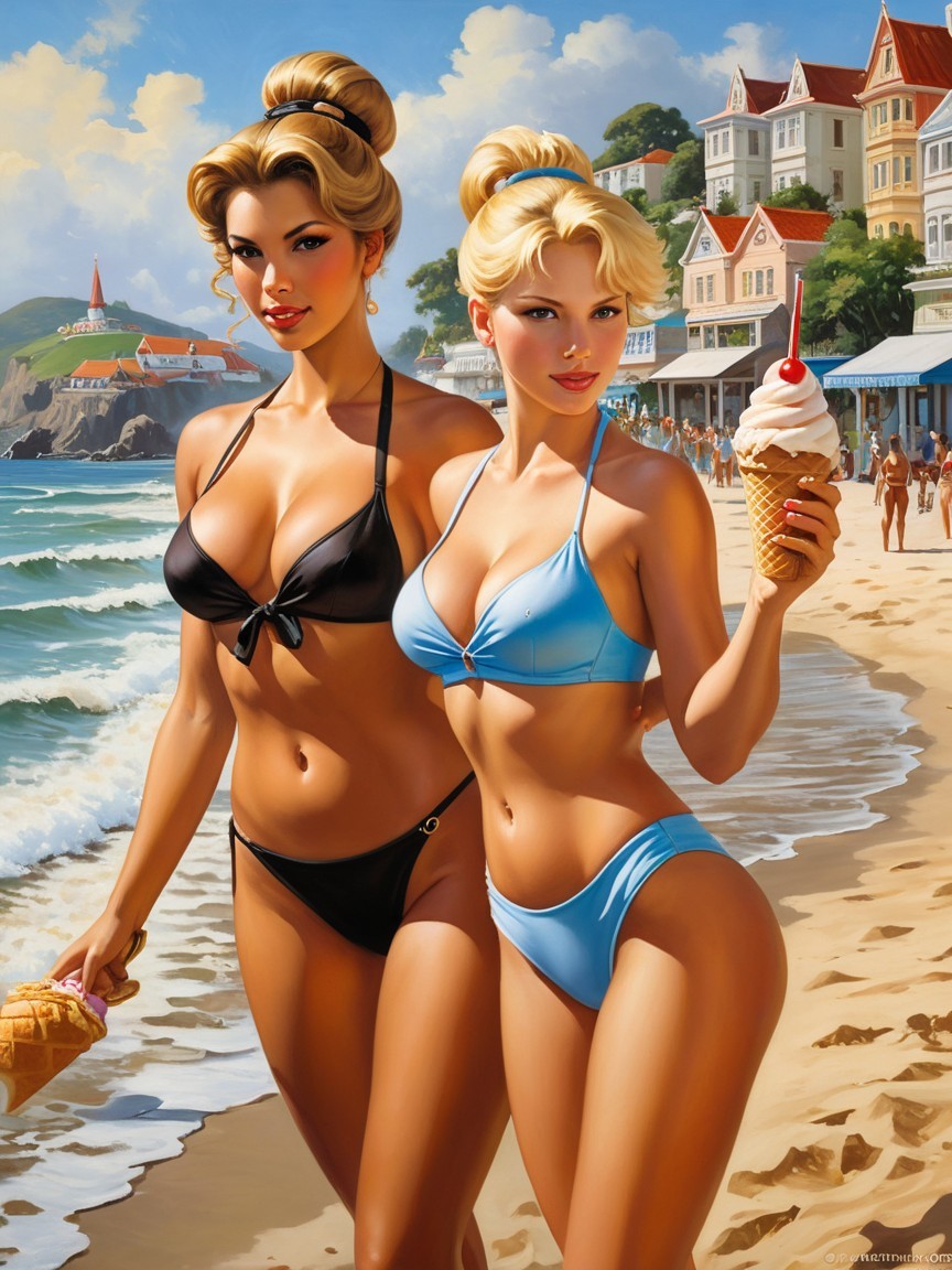 Women in Vibrant Swimsuits on a Sunny Beach