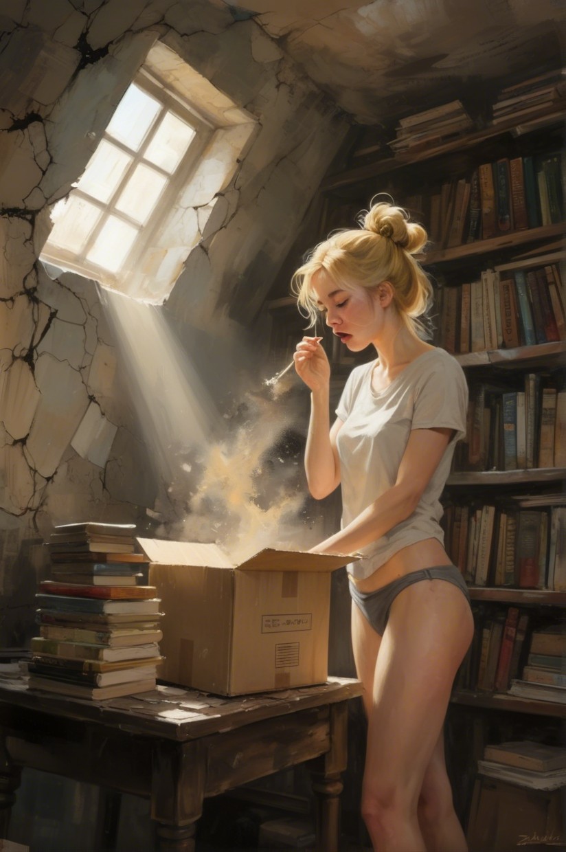 Young woman exploring a box in a book-filled room