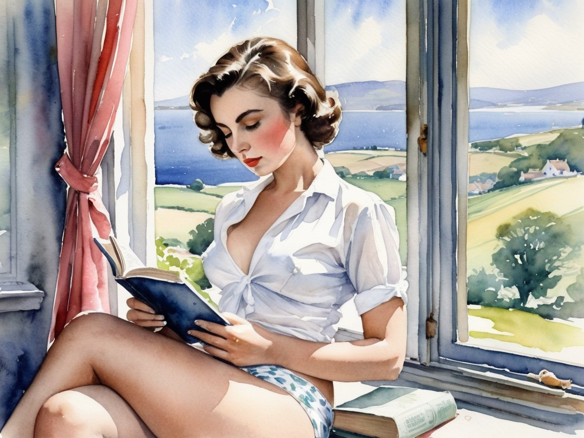 Young woman reading by a window with serene landscape