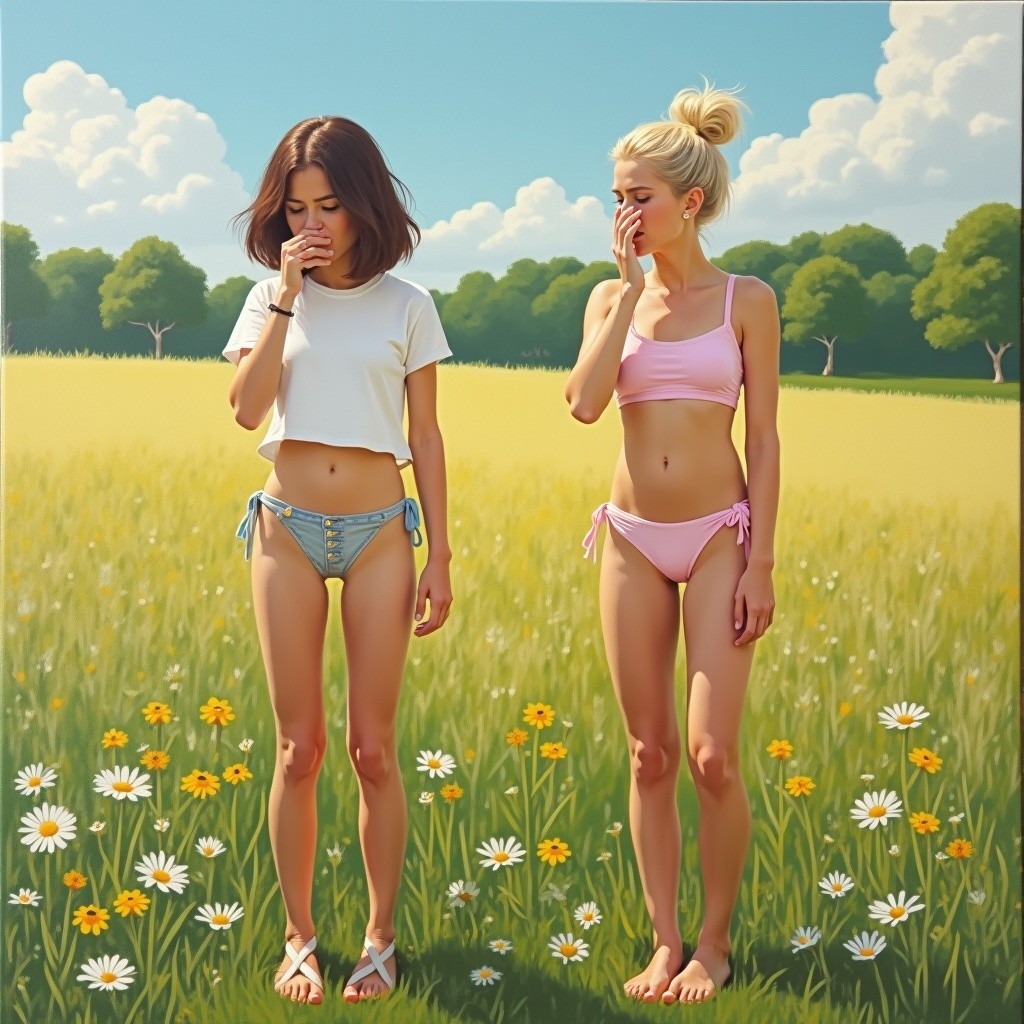 Young Women in Summer Field with Daisies and Sky