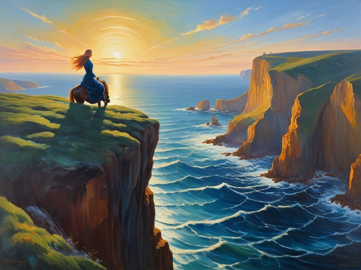 Woman on Horseback at Sunset Over the Ocean