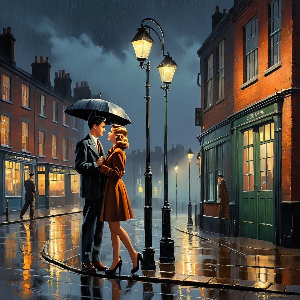 Romantic Rainy Street Scene with Couple Under Umbrella