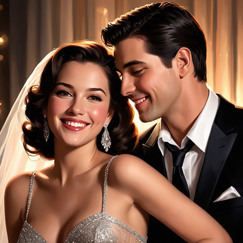 Joyful Couple in Wedding Attire with Romantic Background