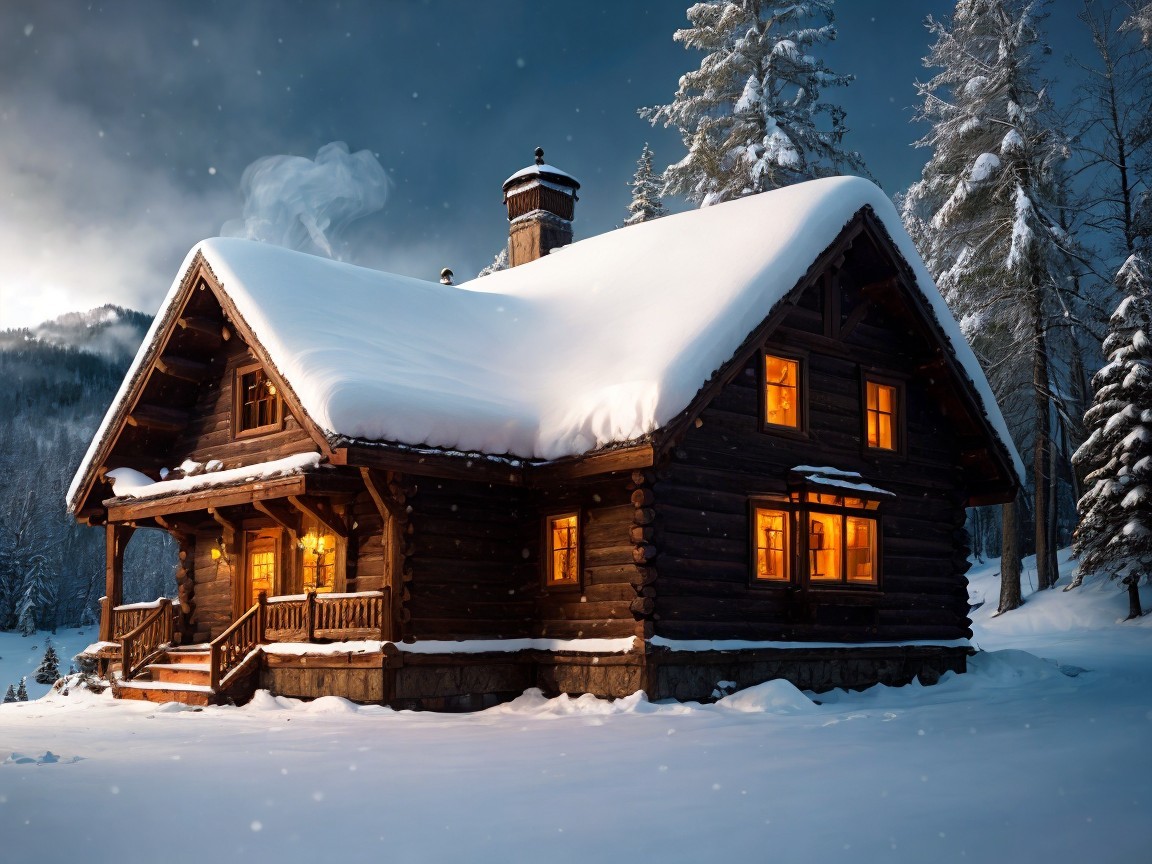 Wooden cabin in snowy landscape with warm lights