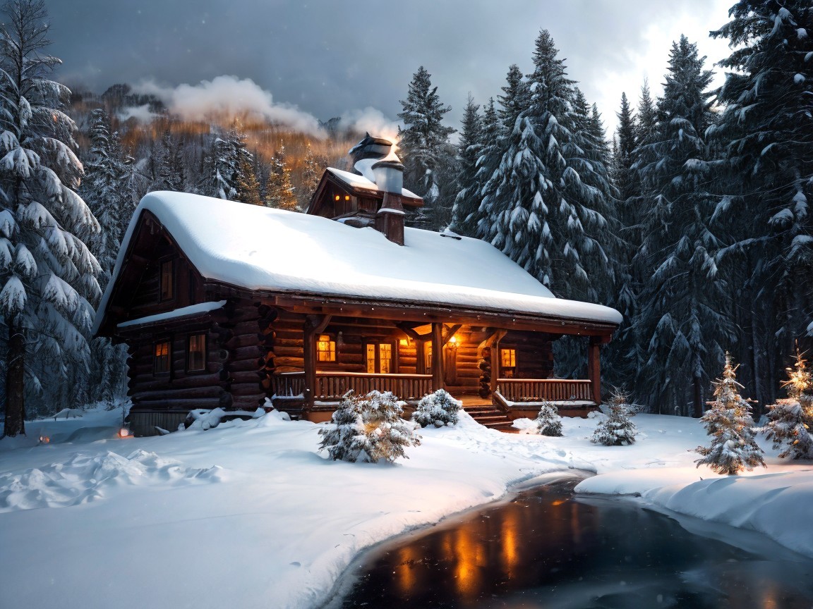 Cozy log cabin in a snowy landscape with stream