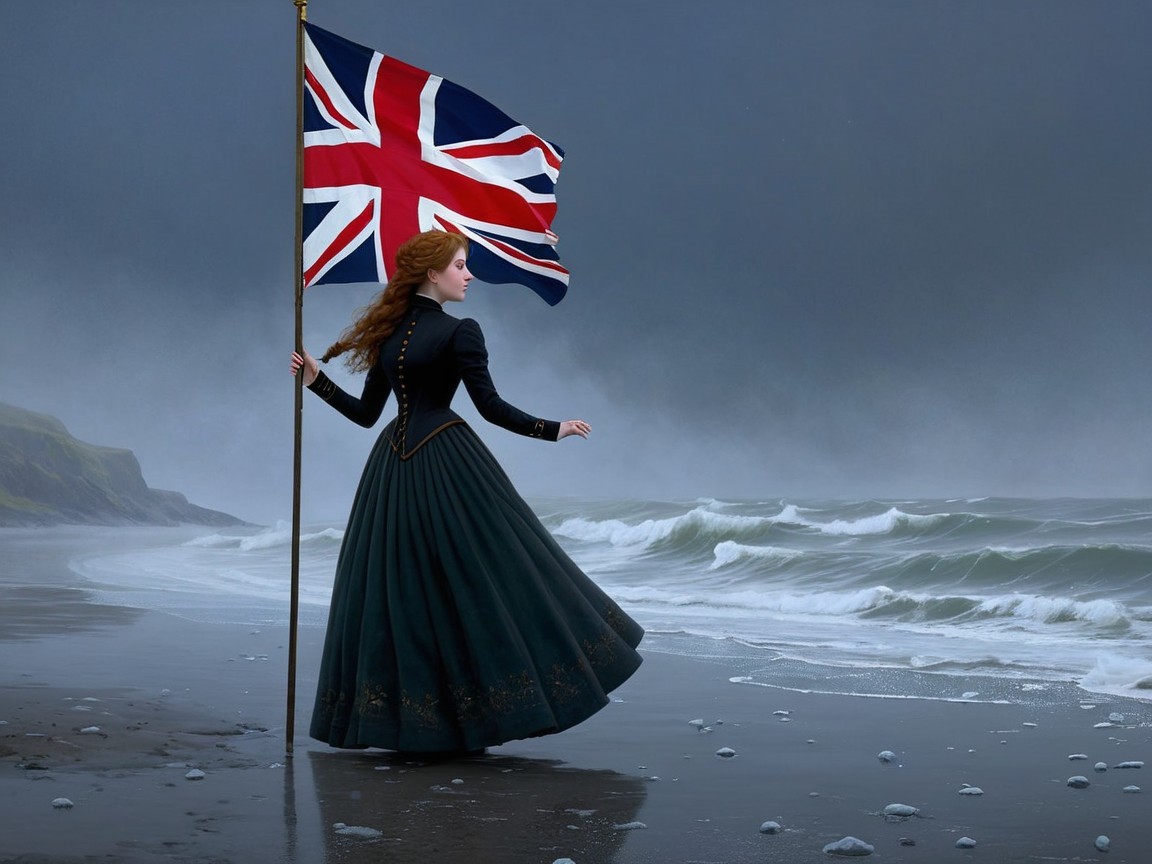Girl in Vintage Dress with Union Jack on Misty Beach