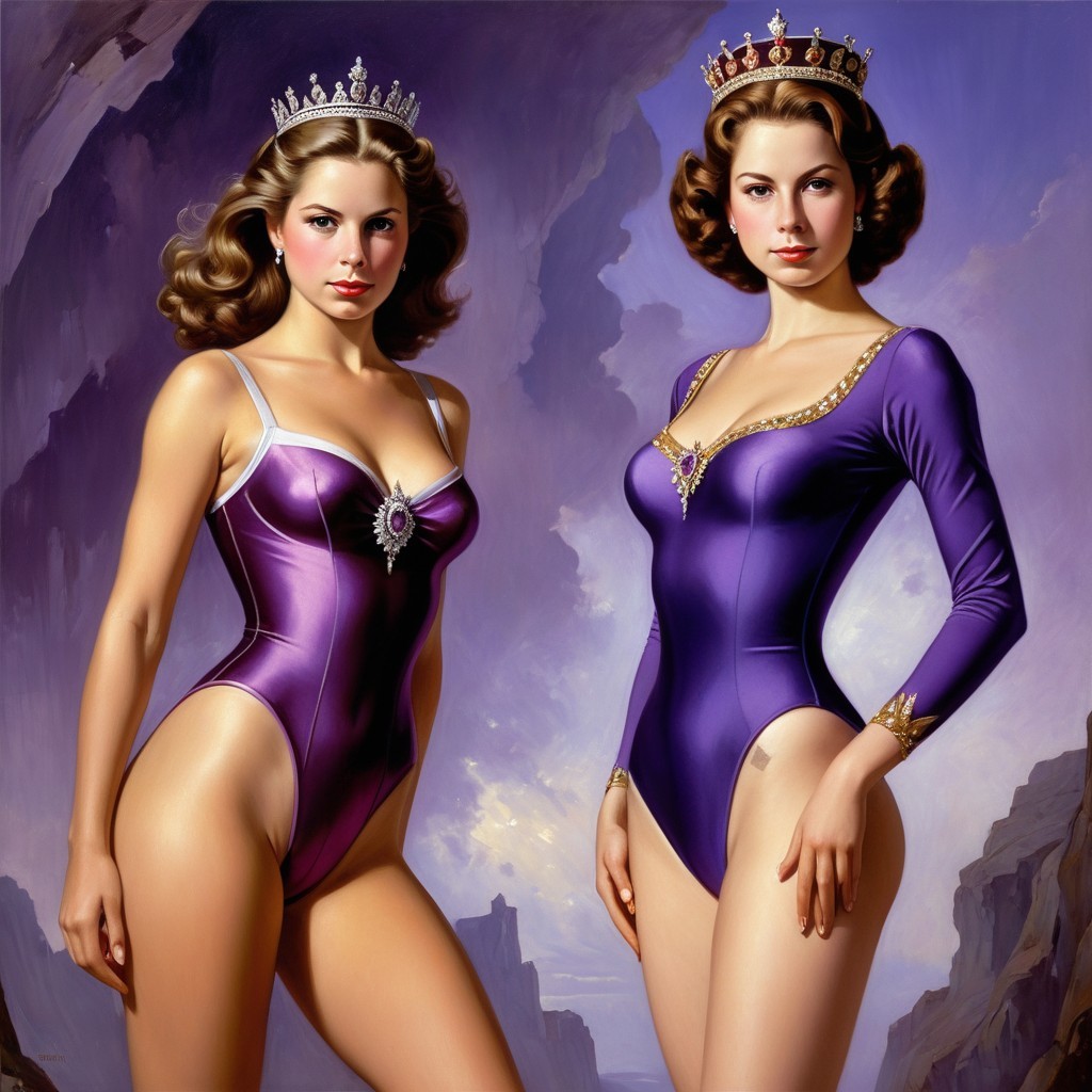 Elegant Women in Purple Swimsuits with Scenic Backdrop