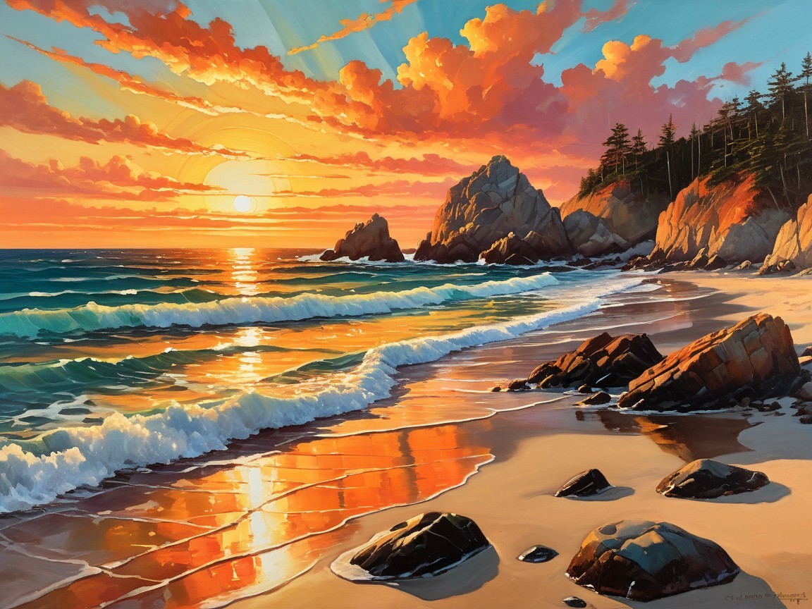 Vibrant Sunset Over a Rocky Beach Landscape