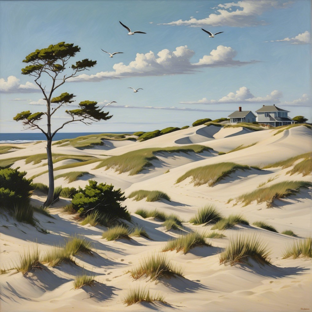 Tranquil Coastal Landscape with Sand Dunes and House