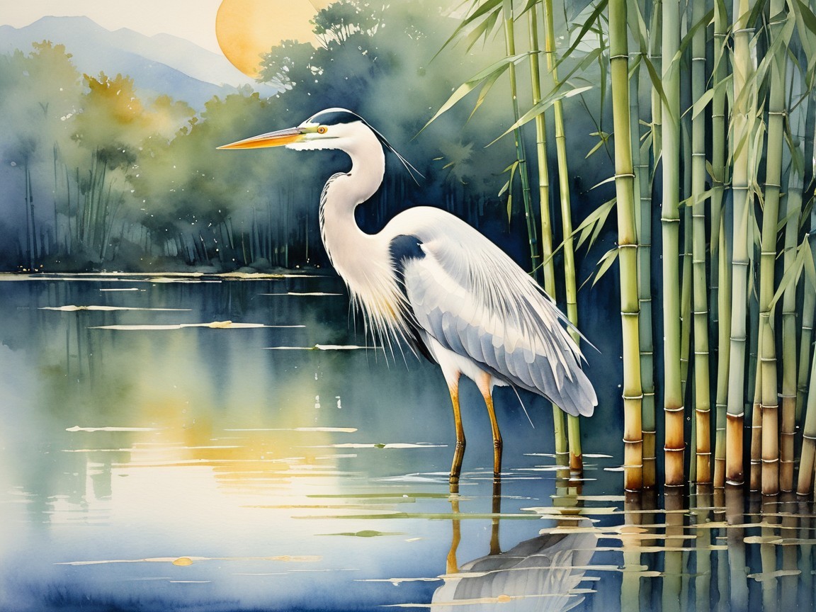 Watercolor Heron by Tranquil Water and Bamboo