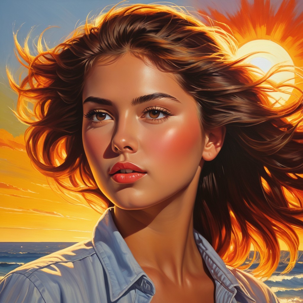 Young Woman at Sunset by the Ocean Shore
