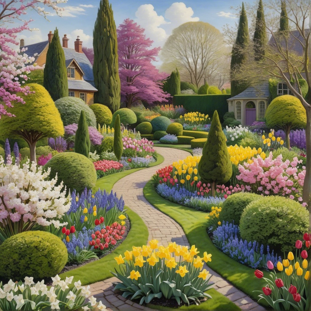 Vibrant Spring Garden with Colorful Flowers and Trees