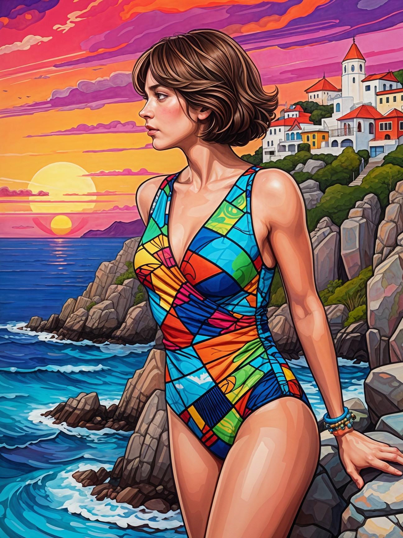 Woman in Colorful Swimsuit by Ocean at Sunset