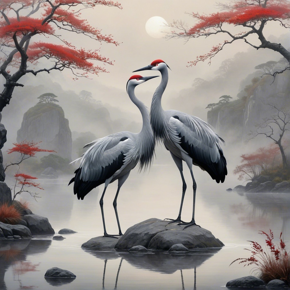 Cranes on Rock in Tranquil River Landscape at Night