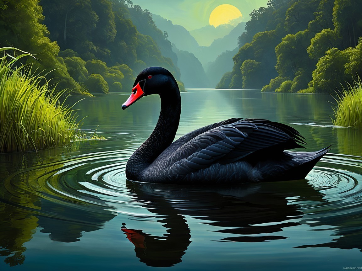 Black Swan Gliding on Serene River at Sunrise