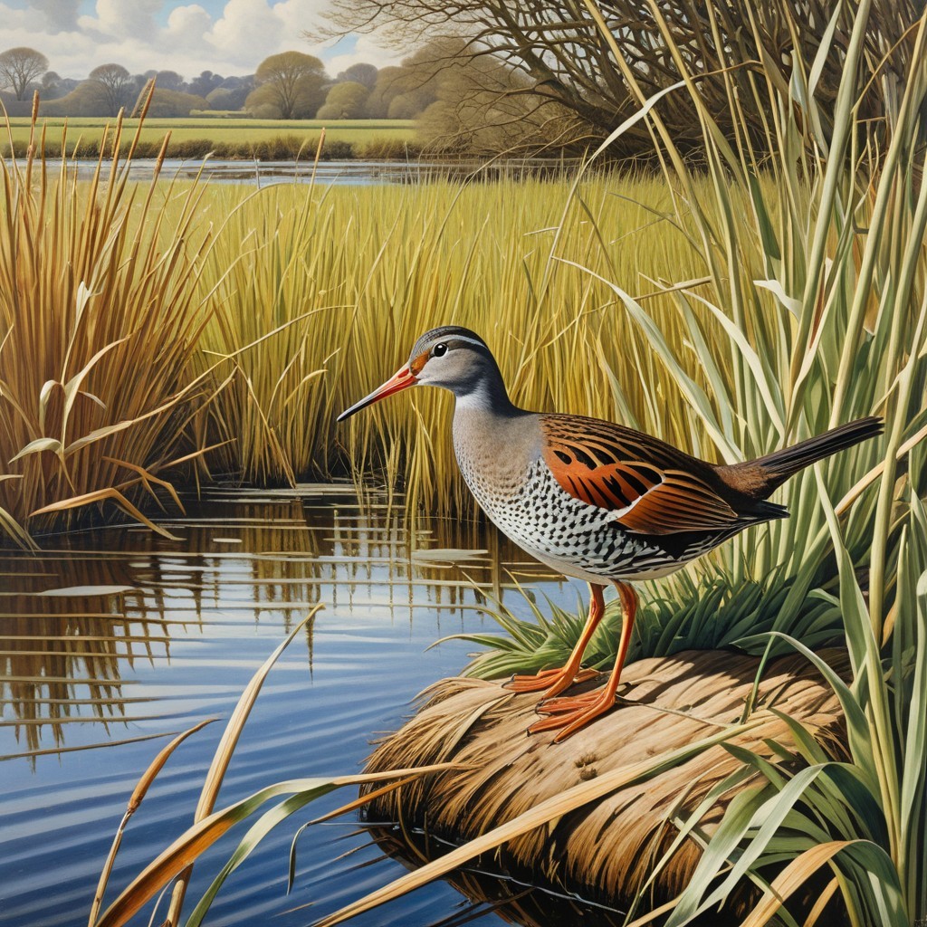 Colorful Marsh Bird by Tranquil Waterway and Reeds