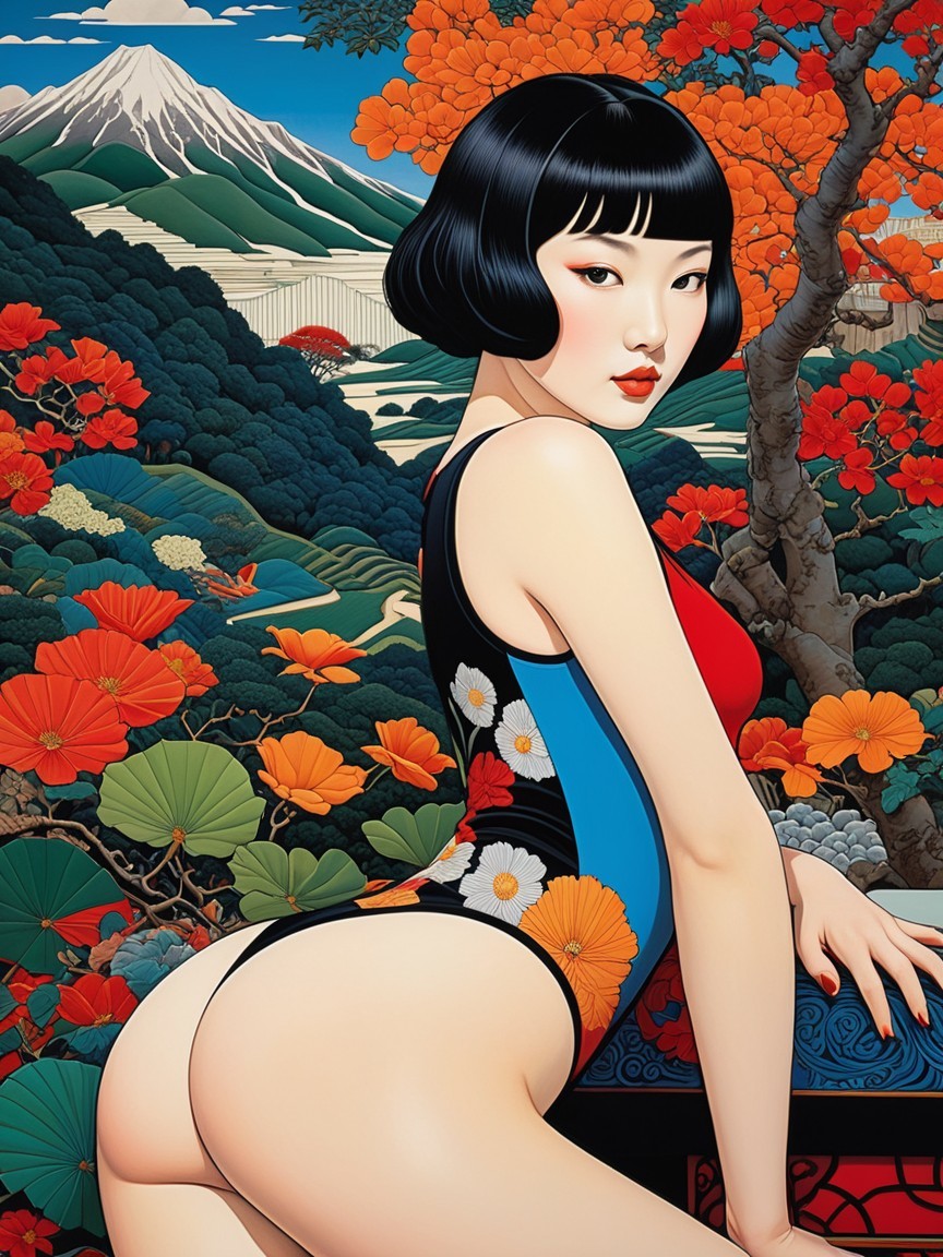 Stylized female figure in autumn landscape with foliage
