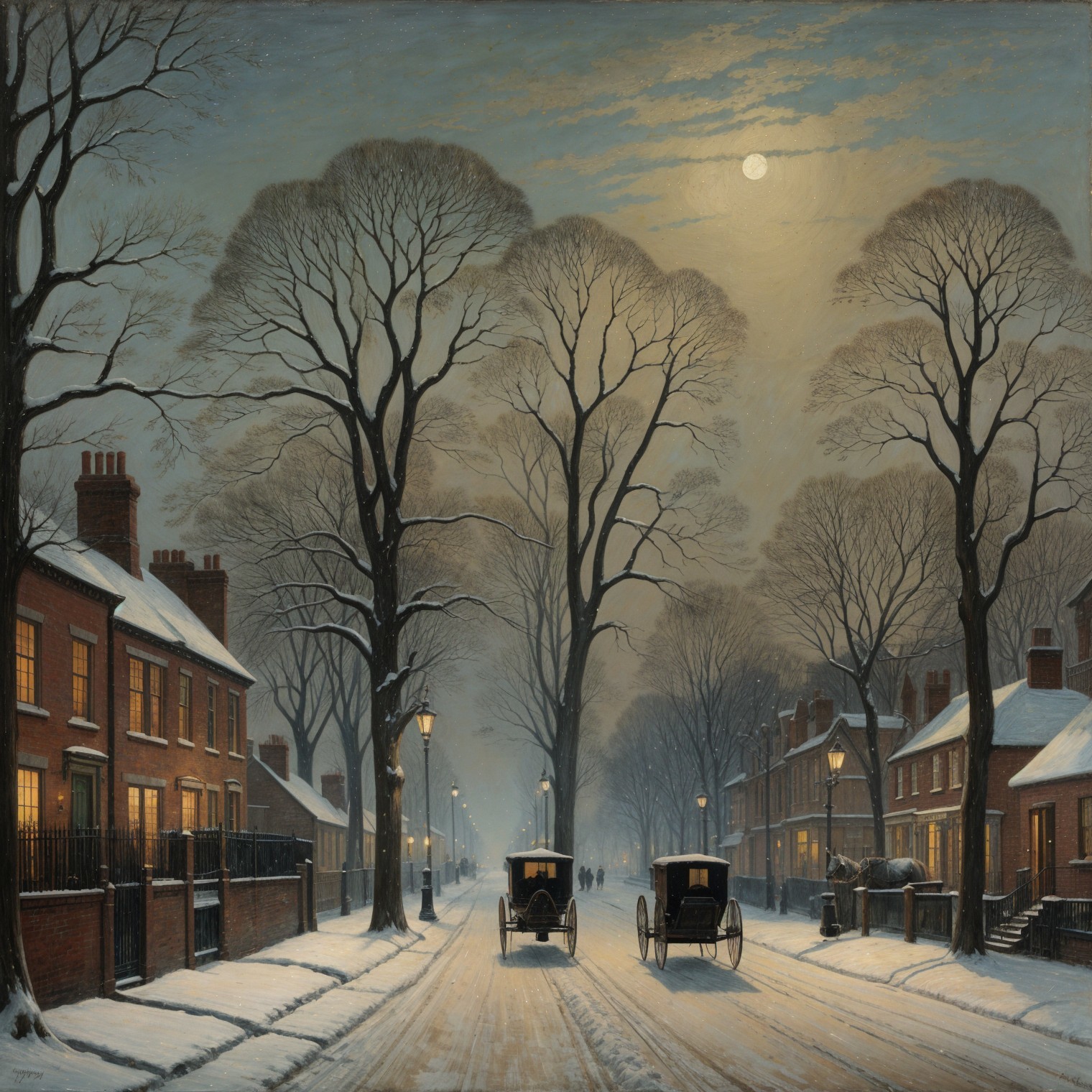 Winter Scene with Snow-Covered Street and Carriages