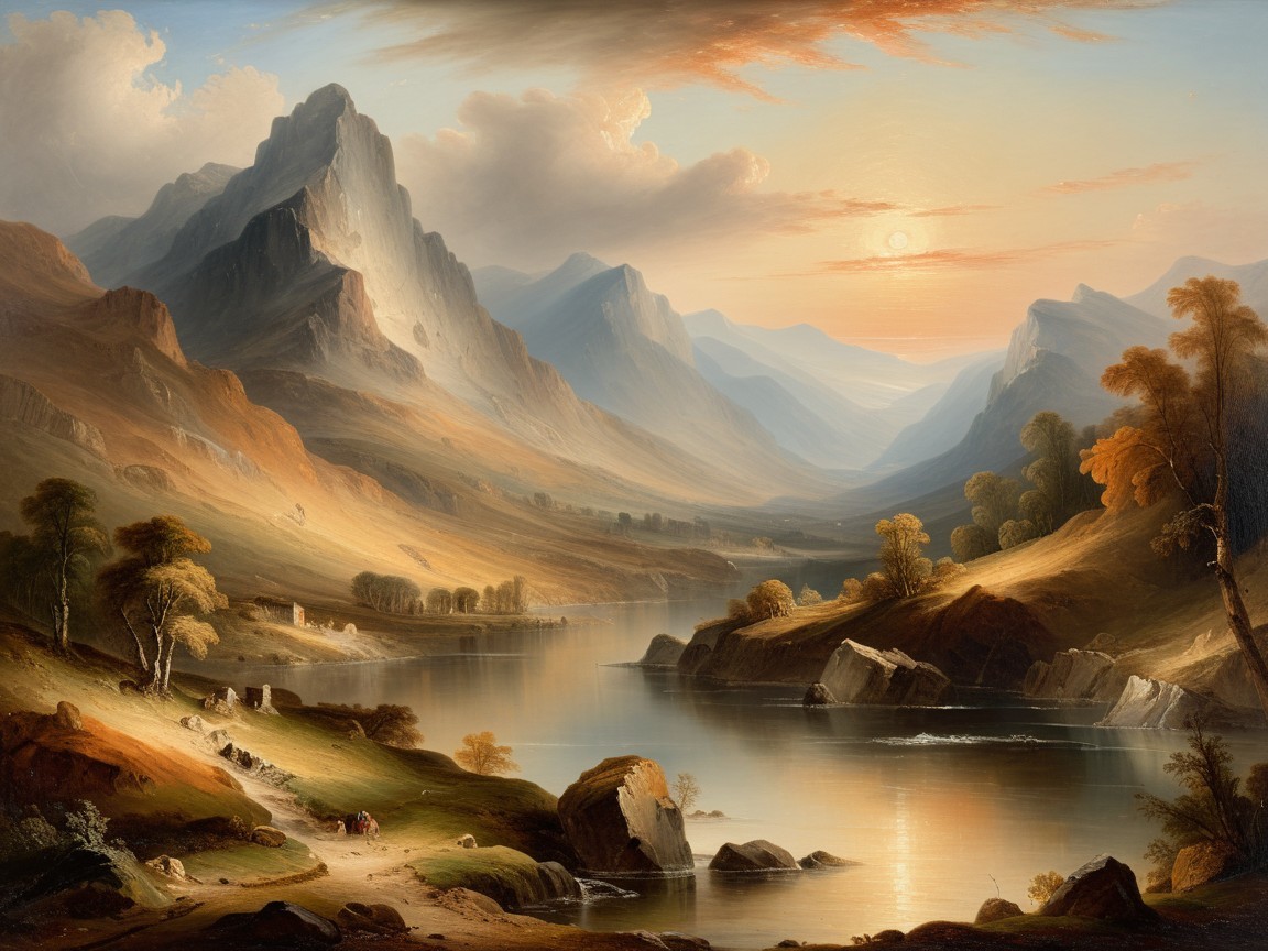 Hyper-Detailed Oil Painting of Mountainous Landscape