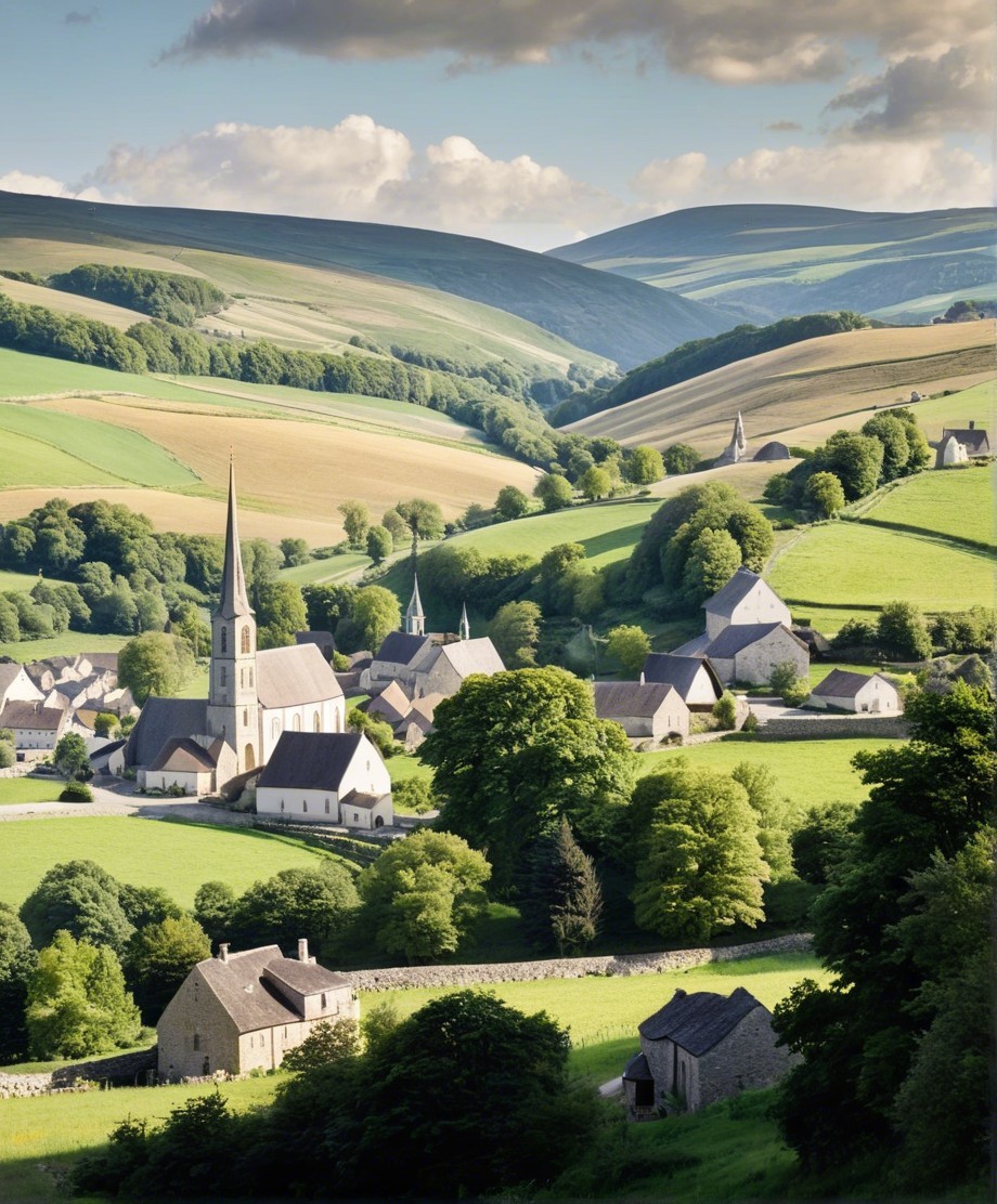 Serene Countryside Landscape with Village and Hills