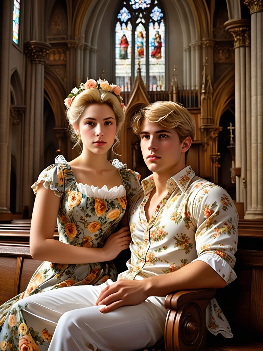 Young couple in floral attire in a grand cathedral