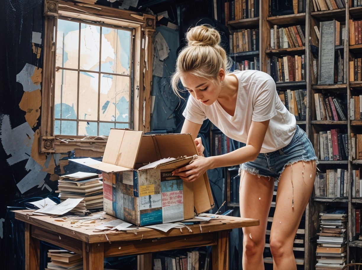 Young woman with blonde bun in messy room with books