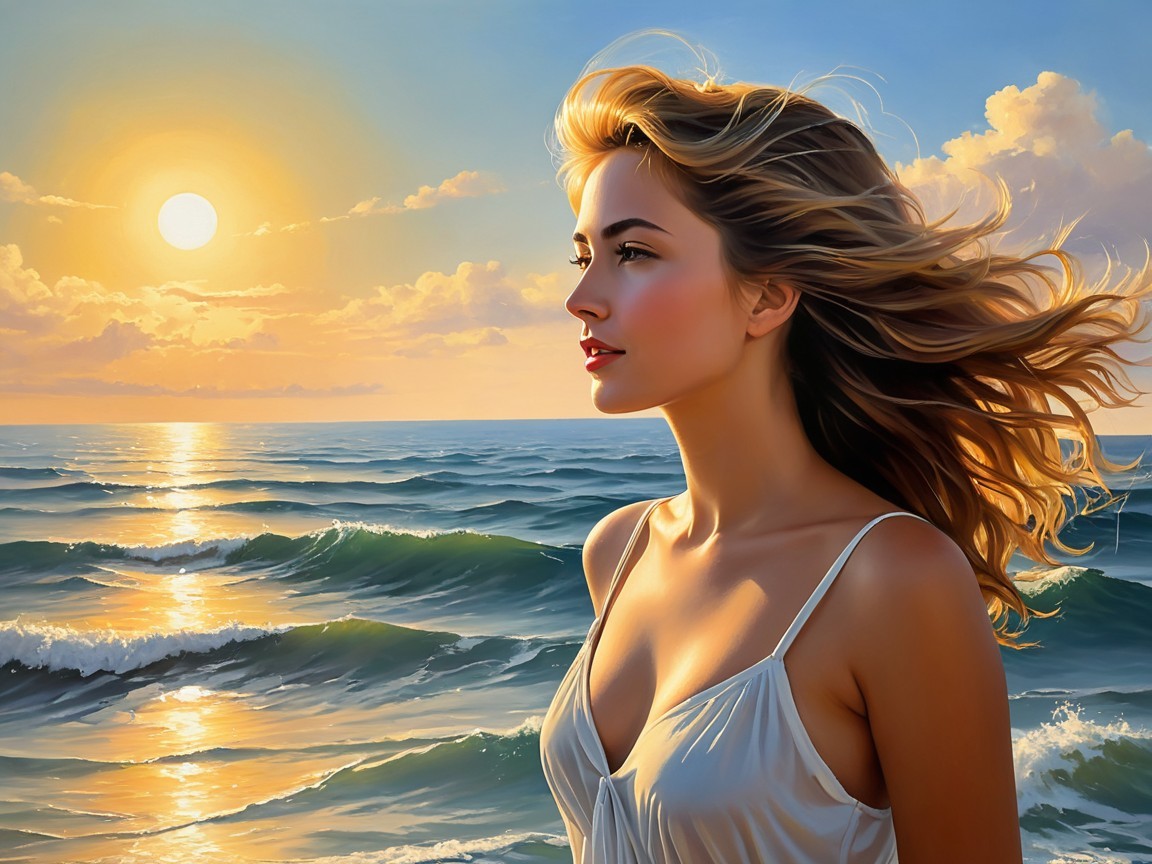 Serene Sunset Over Ocean with Contemplative Figure
