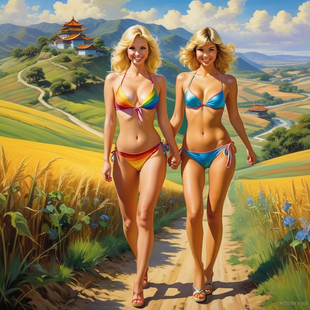 Women in Colorful Swimsuits Walking in Scenic Fields