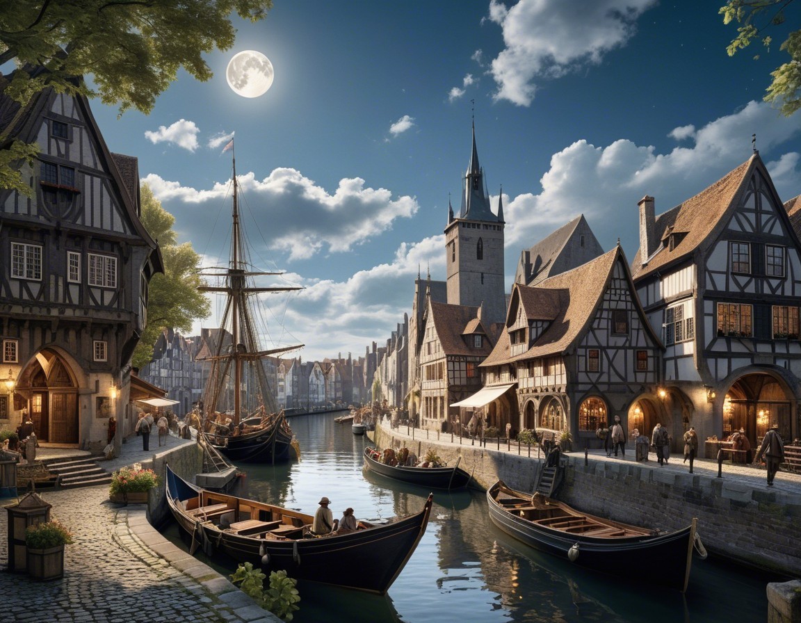 Medieval Town Scene by Moonlit Canal with Timber Homes