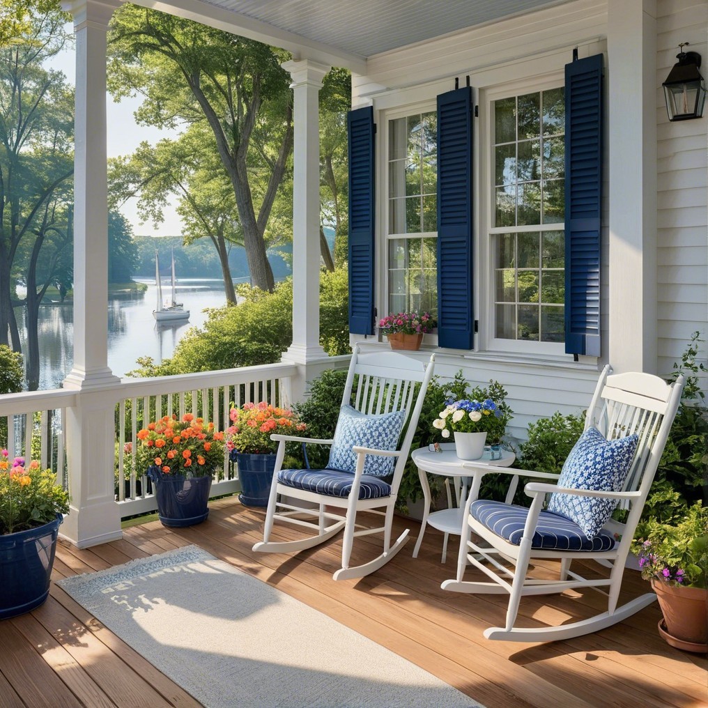 Serene Porch with Rocking Chairs by Tranquil Lake