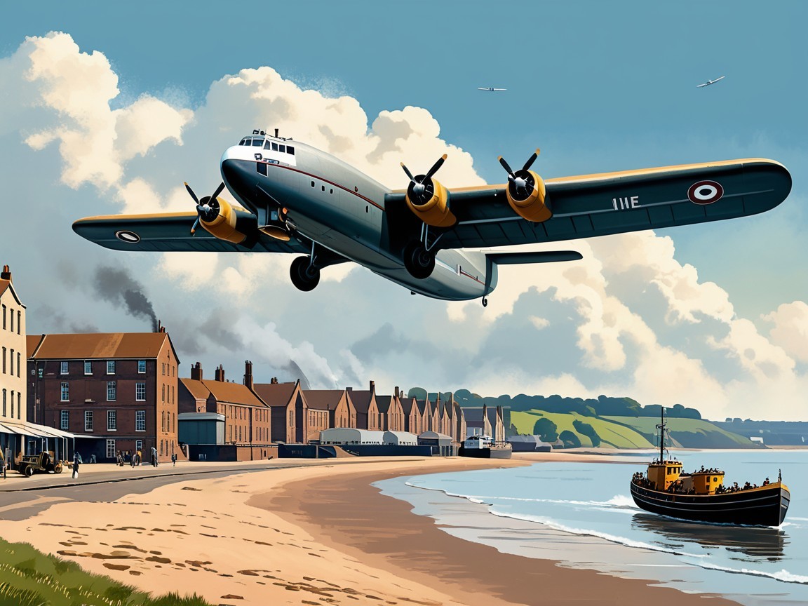 Vintage Propeller Plane Over Coastal Town and Beach