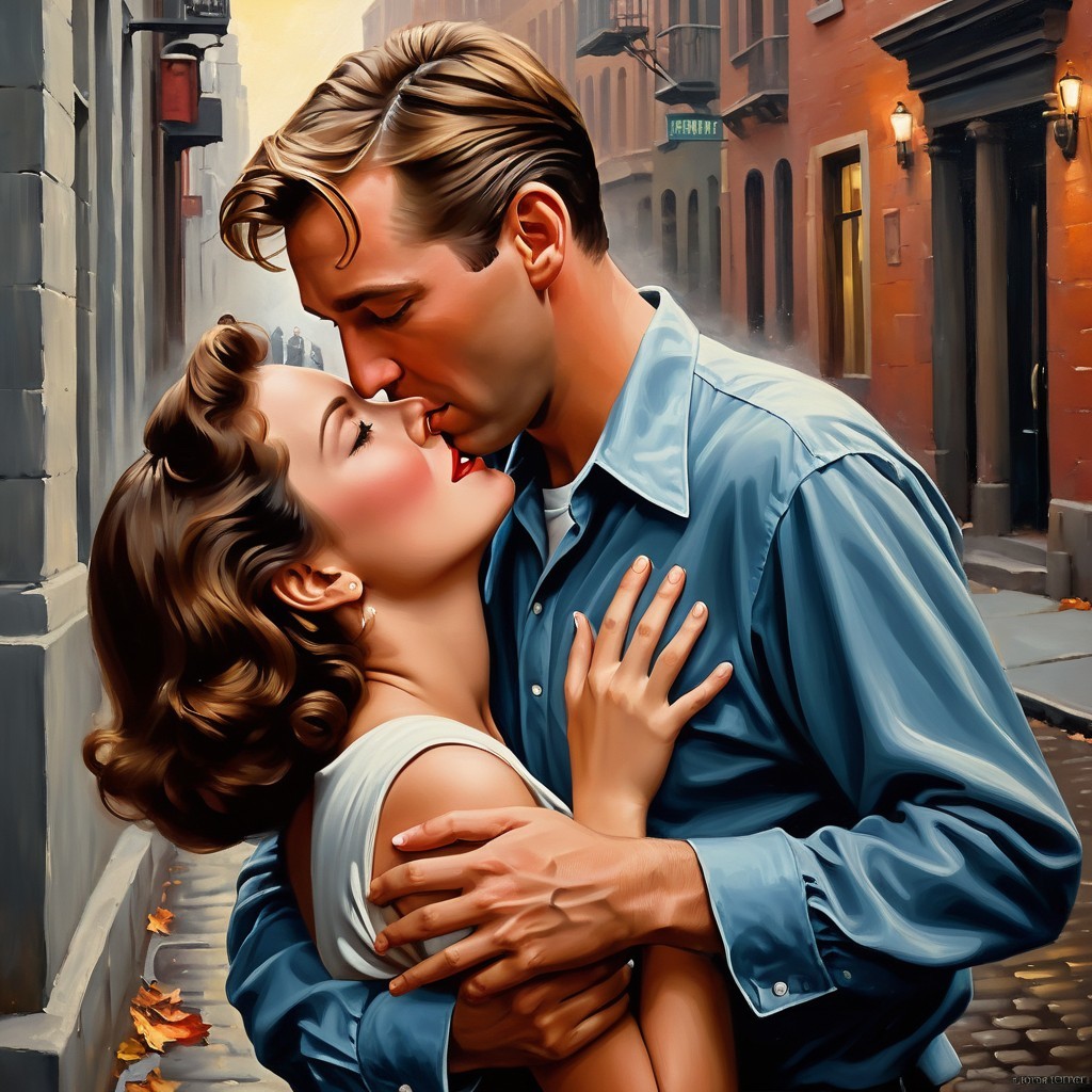 Couple Kissing in Romantic Alleyway with Autumn Leaves