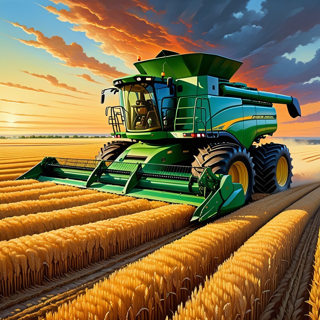 Combine Harvester in Wheat Field at Sunset