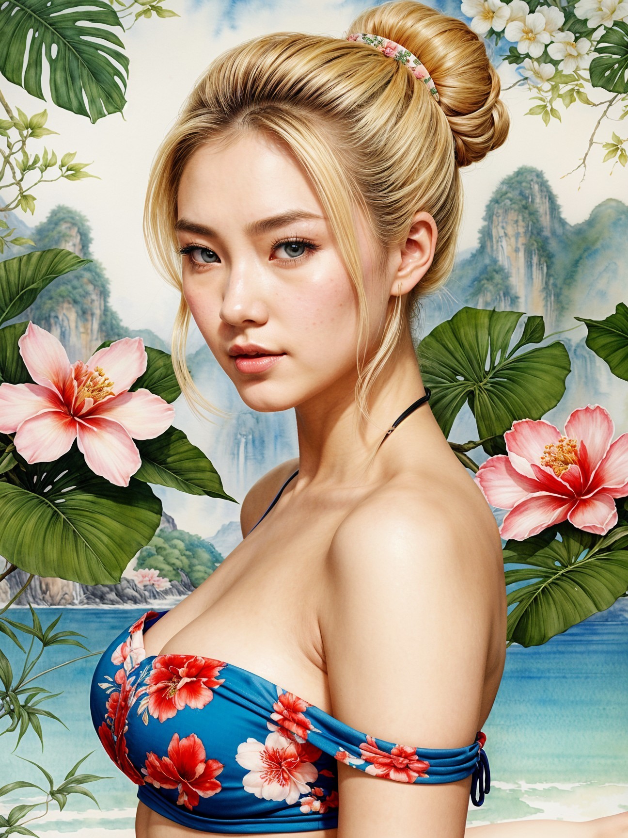 Young woman in floral bikini with tropical backdrop