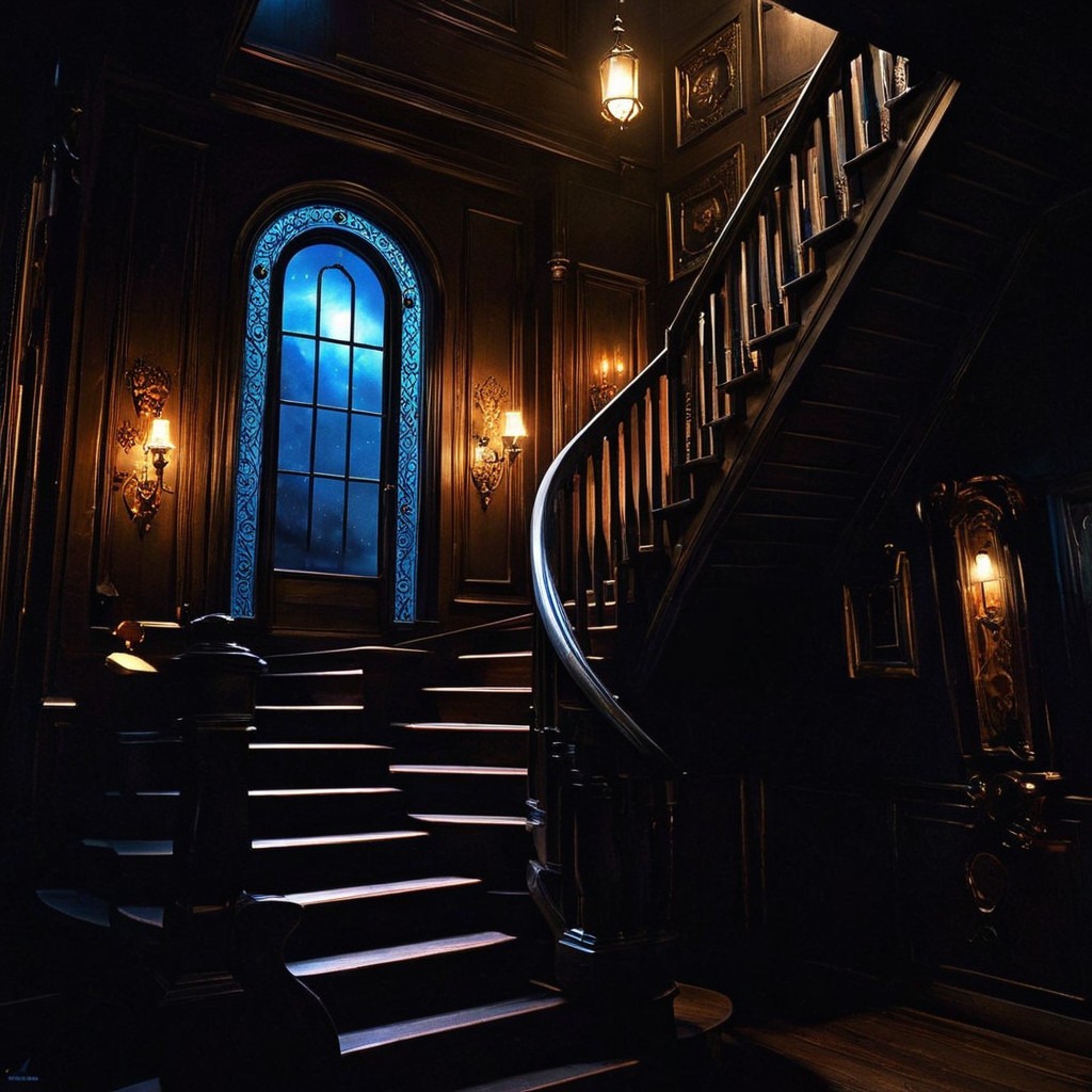 Grand Wooden Staircase with Arched Window and Lanterns