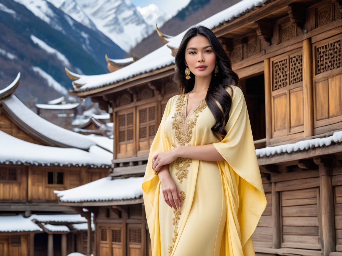 Elegant Woman in Yellow Gown Against Mountain Backdrop