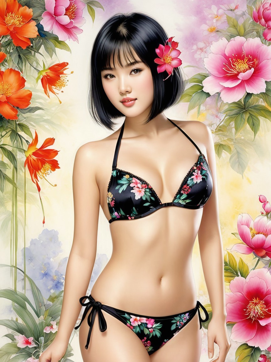 Young Woman in Floral Bikini with Colorful Background