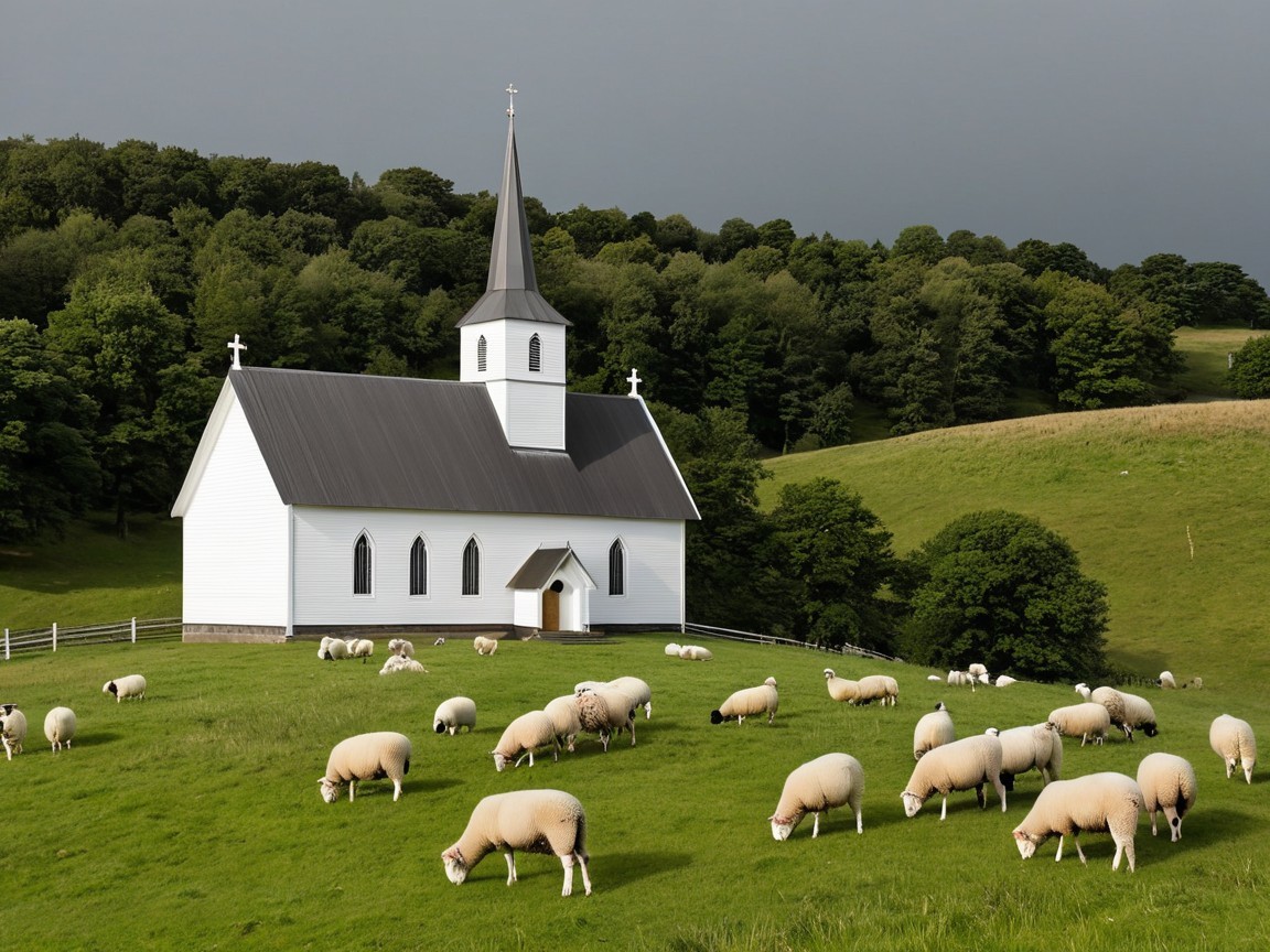 Quaint White Church Surrounded by Lush Green Hills