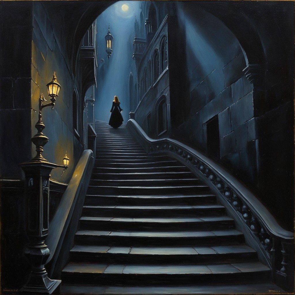 Dimly Lit Staircase with Gas Lamps and Moonlight