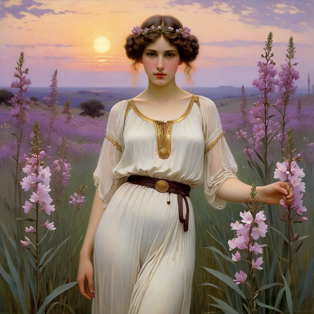 Young Woman in White Gown in Blooming Sunset Field