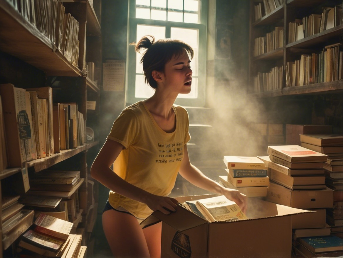 Young Woman Discovering Books in Dimly Lit Library