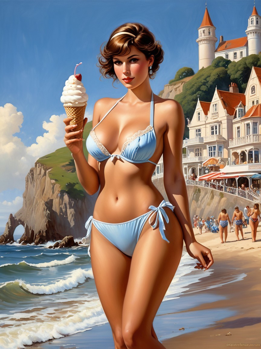 Glamorous Woman with Ice Cream at Beach Resort