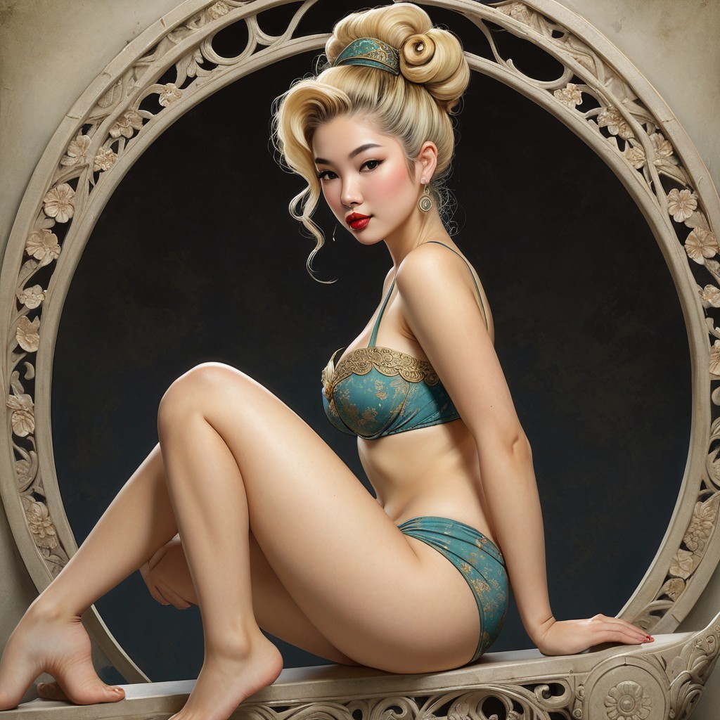 Model in Teal Ensemble Against Ornate Backdrop