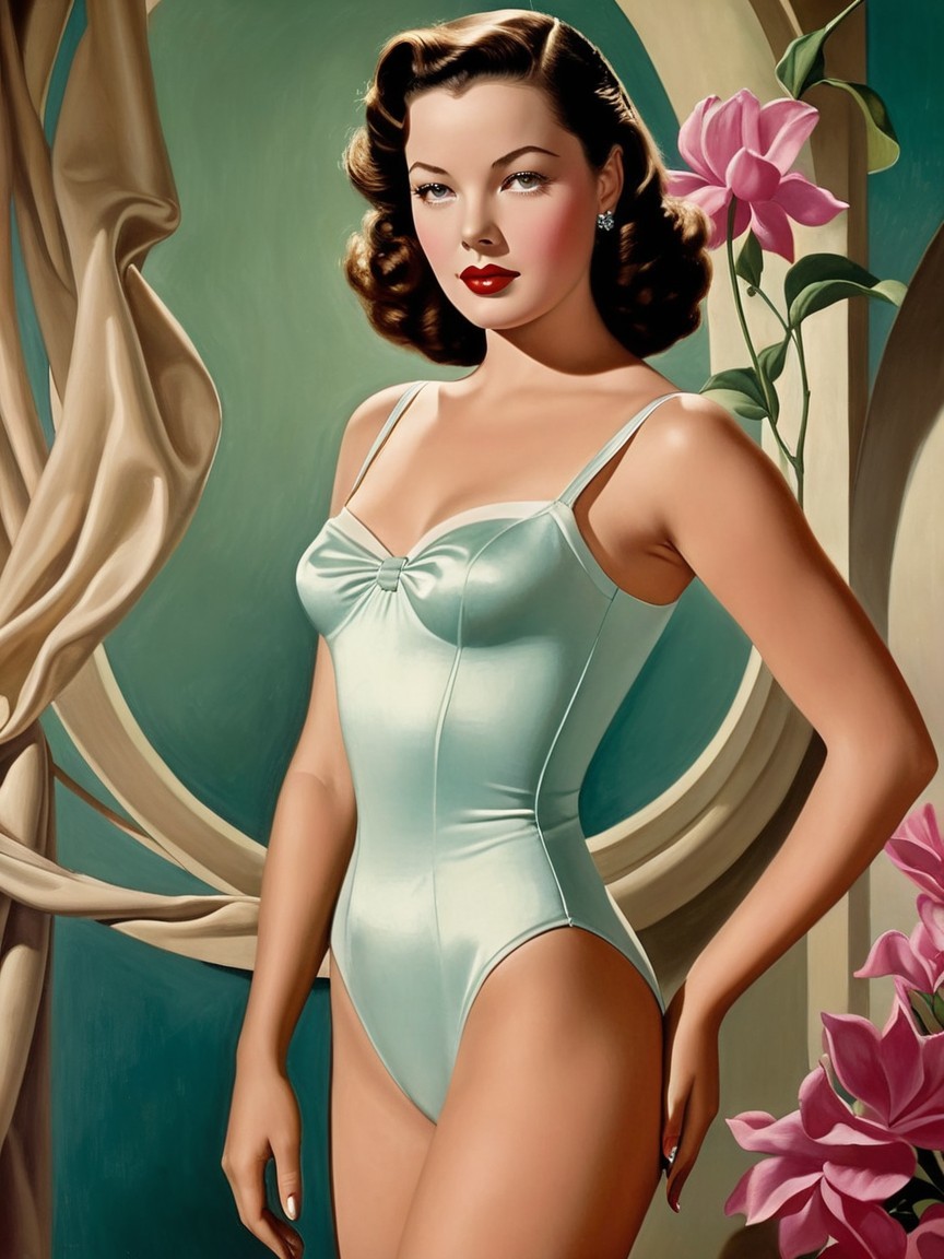 Glamorous Woman in Vintage Swimsuit and Elegant Setting