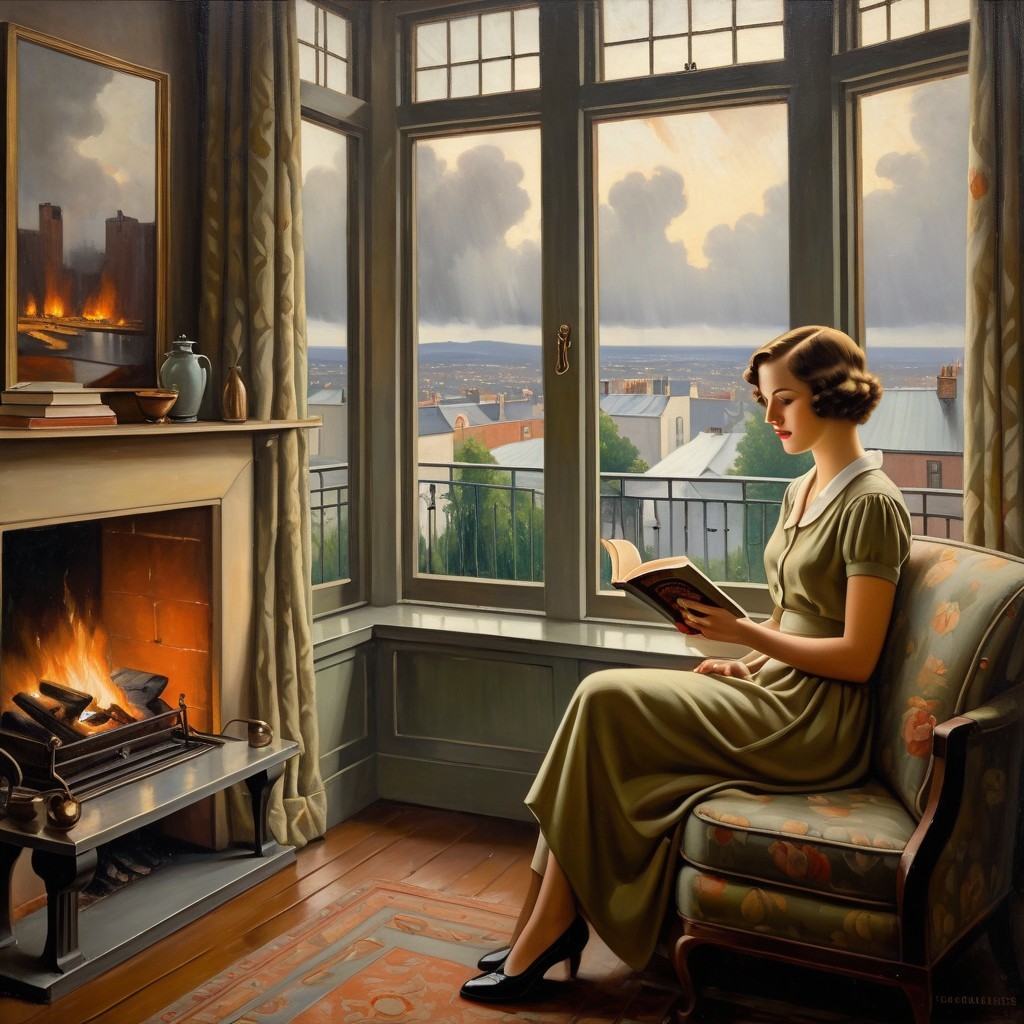 Cozy indoor scene with woman reading by window