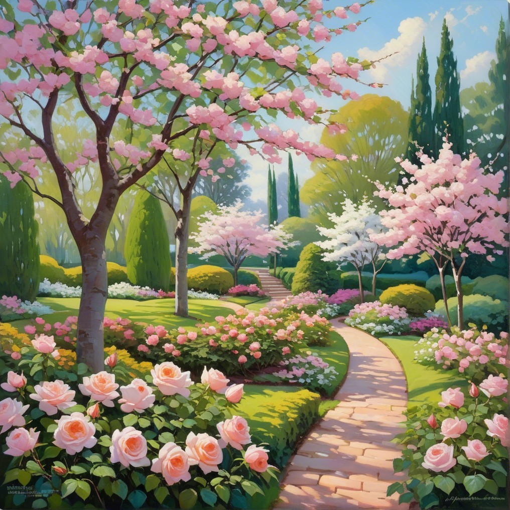 Tranquil Garden Scene with Cherry Blossoms and Roses