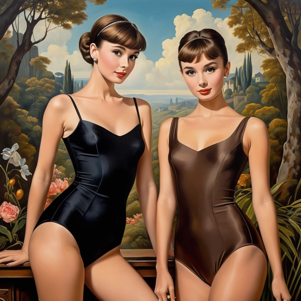 Elegant Women in Classic Swimsuits in Scenic Landscape