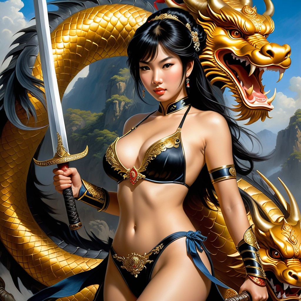 Warrior in Black Bikini with Sword and Gold Dragon